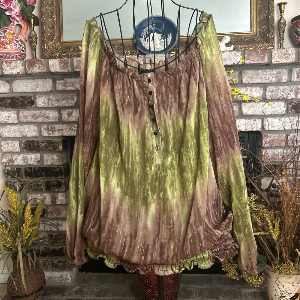 VTG Y2K Lane Bryant green and brown Boho tie-dye blouse with buttons Sz 22/24